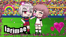 a couple of anime characters standing next to each other with the name larimae in the corner