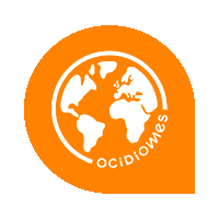 an orange circle with a globe and the words occidiowes