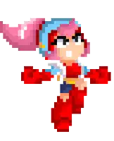 a pixel art of a cartoon character with red gloves standing on a pink object .