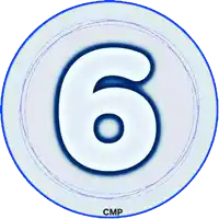 a blue and white circle with the number 6 on it