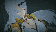 a girl with white hair has the letter m on her hair