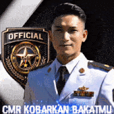 a man in a military uniform stands in front of a sign that says " official "