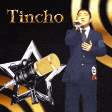 a man singing into a microphone with the name tincho on the top