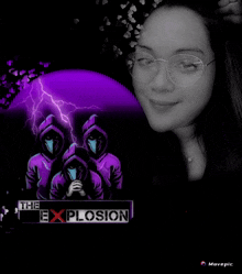 a woman stands in front of a poster that says ' the explosion ' on it