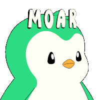 a green penguin with the word moar written on its head
