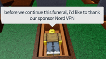 a cartoon character laying in a coffin with a speech bubble that says before we continue
