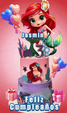 a birthday card for jasmin with a little mermaid on top