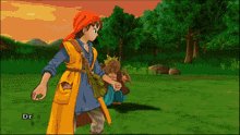 a video game screen shows a boy in a yellow coat standing next to a boy in a blue shirt