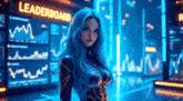a woman with blue hair and glasses is standing in front of a wall with graphs on it .
