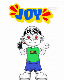a cartoon character wearing a green shirt that says ' joy ' on it