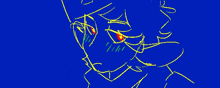 a drawing of a person 's face on a blue background with red eyes .