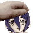a person is putting a piece of bread on top of a cartoon character 's head .