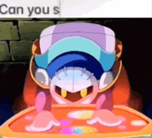 a cartoon character is sitting at a table with the words `` can you s '' on the bottom .