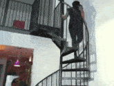a man is walking up a spiral staircase in a house .