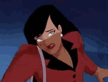 a cartoon woman is wearing a red jacket and black shirt and earrings .
