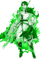 a drawing of a man holding a spear with green flames around him