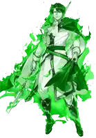 a drawing of a man holding a spear with green flames around him