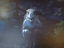 a painting of a dinosaur with its mouth open and trees in the background