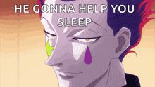 a cartoon character with a tear in his eye and the words he gonna help you sleep below him