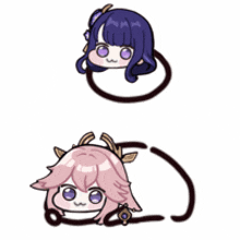 a drawing of a girl with purple hair and a drawing of a girl with pink hair and antlers .