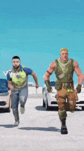 two men are running in a parking lot and one of them is wearing a shirt that says veggie ai