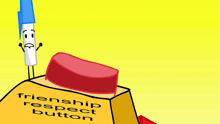 a friendship respect button with a red cube and a blue marker