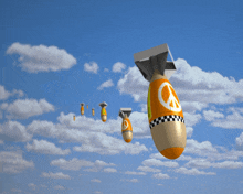 a bomb with a peace sign on it flies through the sky