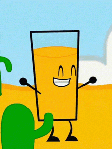 a cartoon of a glass of orange juice with arms and legs standing next to a green cactus