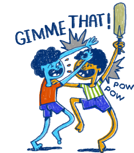 Two Boys Fighting For One Bat With Caption 'Gimme That!' In English Sticker