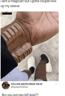 a person is holding a chocolate bar on their wrist ..