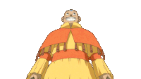 a cartoon character is wearing a yellow and orange outfit and has a big smile on his face