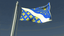 a blue and white flag with yellow fleur de lis on it is waving in the wind