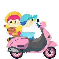 two penguins are riding a pink scooter and one is carrying a box