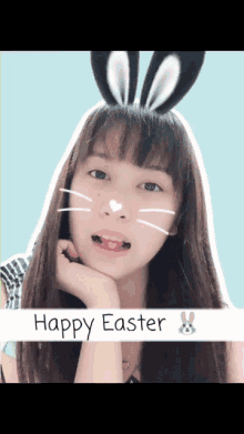 a girl with bunny ears and the words happy easter on the bottom