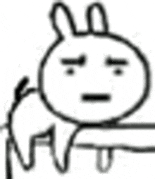a black and white drawing of a rabbit with a sad face on its face .