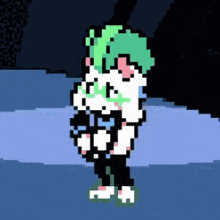 a pixel art of a character with green hair