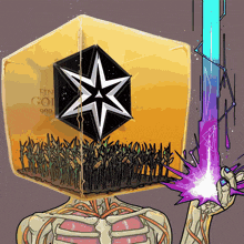 a drawing of a skeleton holding a sword in front of a box that says dyn gold