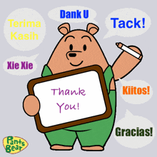 a cartoon bear holding a sign that says " thank you "