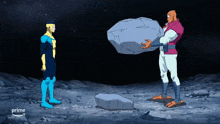 a cartoon of a man holding a large rock with the word prime below him