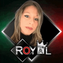 a woman is standing in front of a logo that says royal