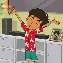 a cartoon of a boy with his arms outstretched with a nick logo in the corner