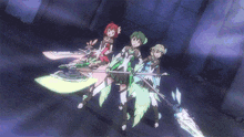 three anime girls are holding swords and spear in their hands