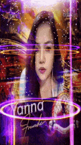 a woman is surrounded by purple lights and the name yanna is on the bottom