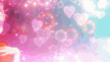 a girl is standing in front of a pink background with hearts and stars .