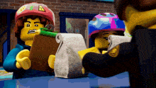 two lego figures are talking to a police officer while one of them is holding a clipboard