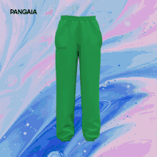 a pair of blue pants with pangaia written on the bottom right