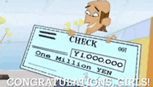 a cartoon man is holding a check that says one million yen