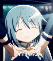 a girl with blue hair is smiling and says hi holebow