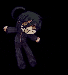 a cartoon character is standing on a black background with his hands in the air .