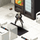 a video game character stands in front of a vending machine